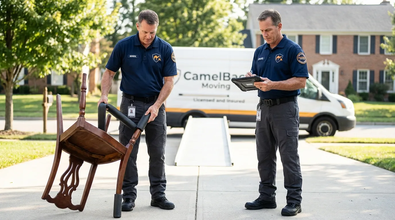 Movers inspecting furniture for damage prevention before loading in Tualatin, OR